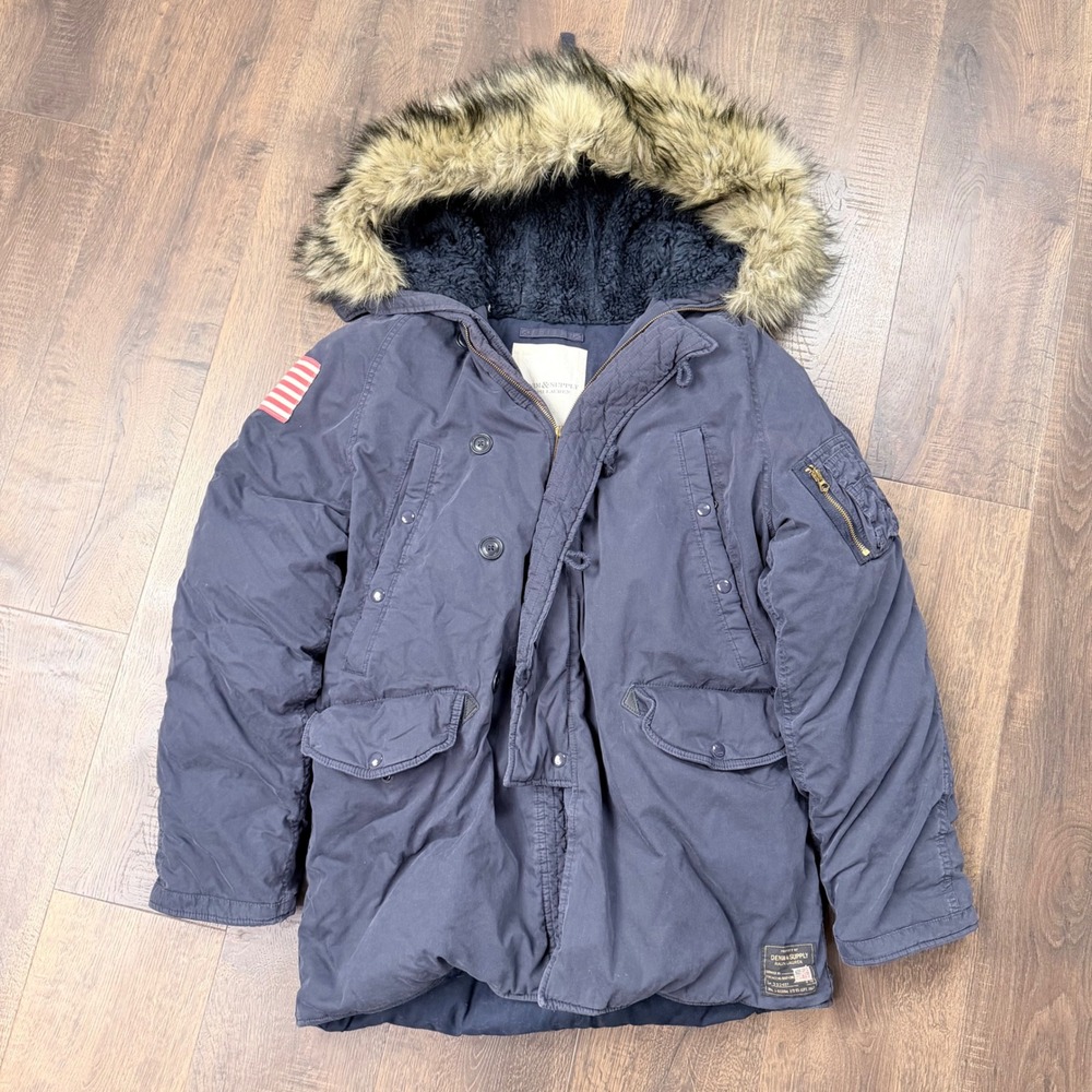 Denim & Supply Ralph Lauren Men's M Navy Military Parka Fur Hood Flag
